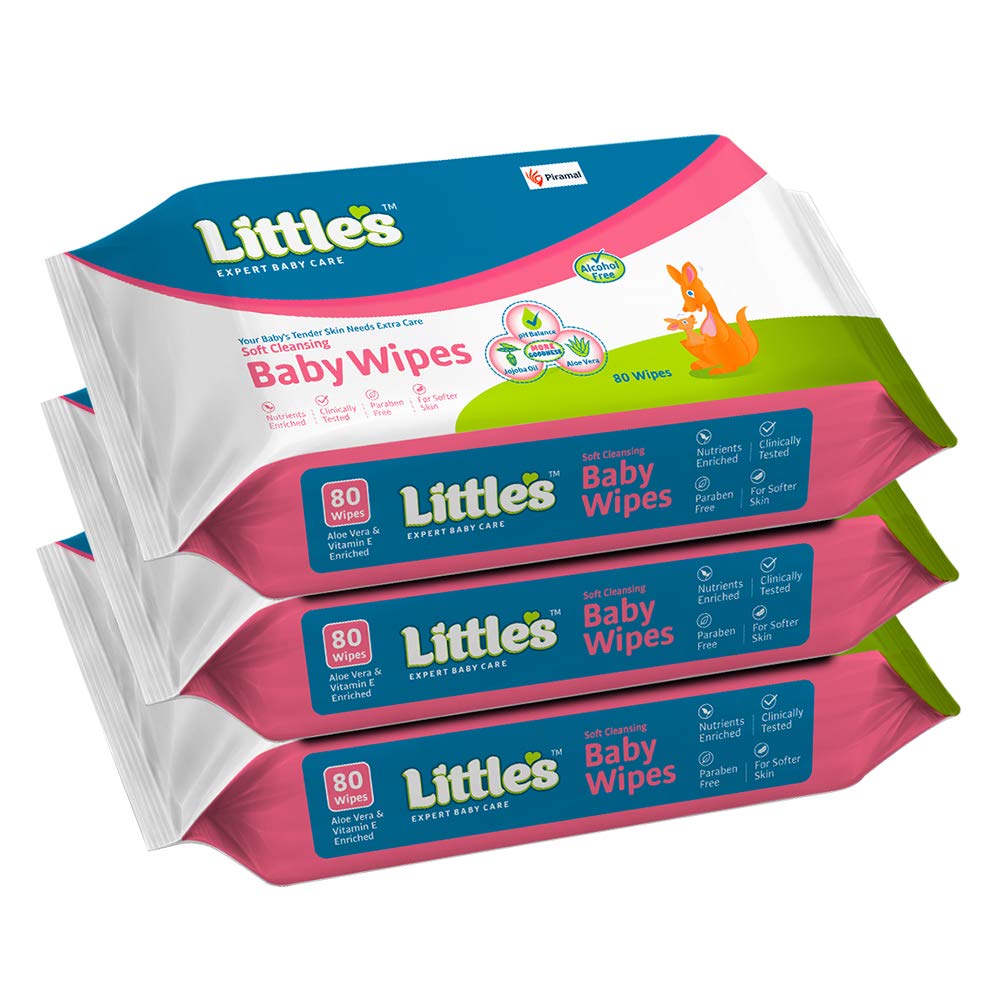 Little's Soft Cleansing Baby Wipes with Aloe Vera, Jojoba Oil and Vitamin E (80 wipes) pack of 3